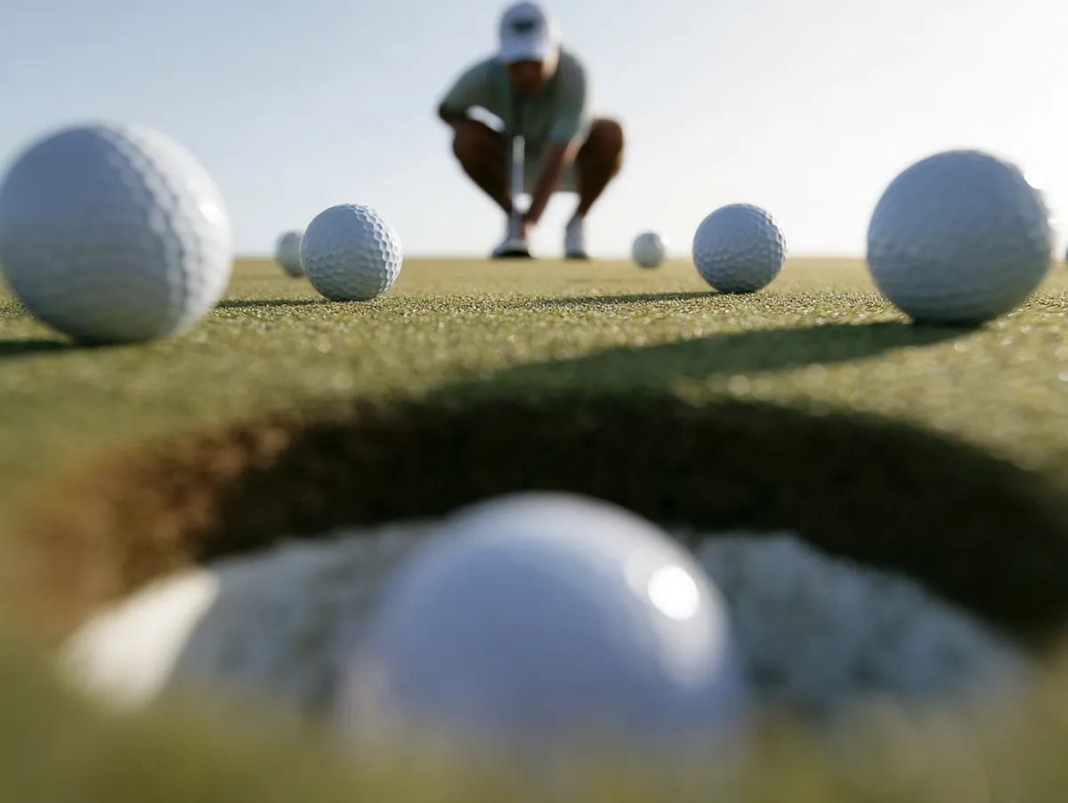 Close-up of golfer practising a putting drill with multiple balls around the hole